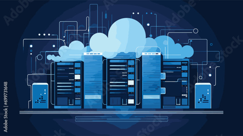 data storage with a vector art piece illustrating servers, data centers, and cloud storage.