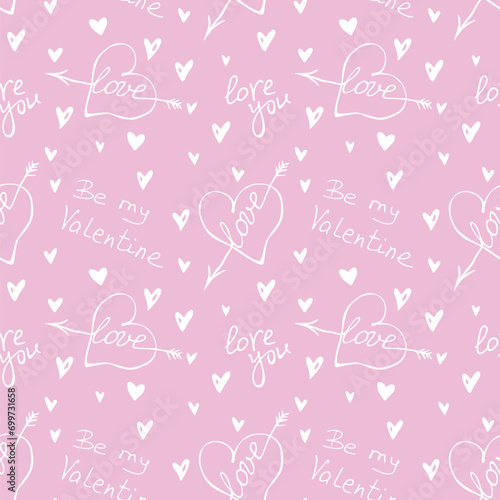 Vector seamless pattern of hearts with an arrow and lettering of love theme. Hand drawn texture, background for wrapping paper, greeting cards, Valentine's day