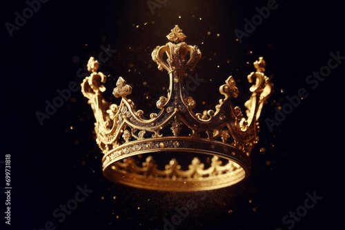 Photo of a Gold Crown on black background with fly particles. ai generative