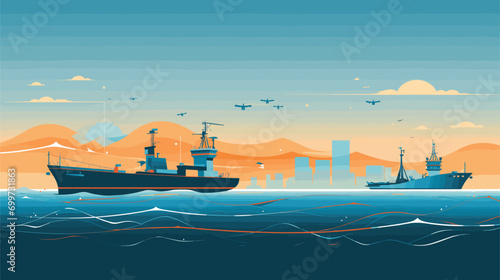 maritime transportation with a vector scene featuring electric and autonomous ships. Illustrate eco-friendly vessels and autonomous boats navigating waterways
