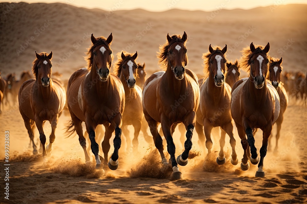 Group of horses running gallop in the desert ocean background. ai generative