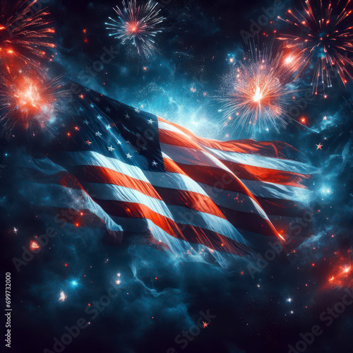 PHOTO USA flag on dark sky firework blure background. ai generative © Anna
