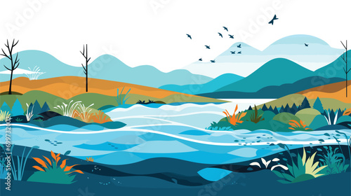 river ecosystem in a vector scene featuring flowing water, riverbank vegetation, and aquatic life.  photo