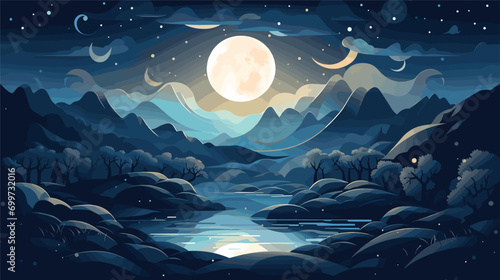 beauty of a moonlit fantasy landscape in a vector scene featuring dreamlike elements under the moon's glow. Illustrate imaginative landscapes with fantastical elements