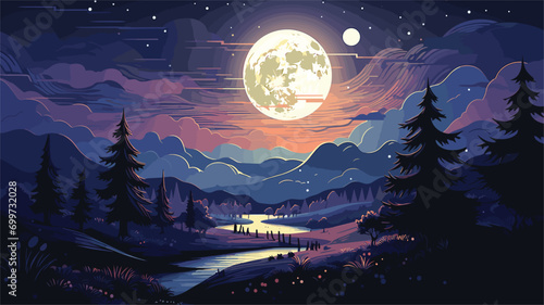 beauty of a moonlit fantasy landscape in a vector scene featuring dreamlike elements under the moon's glow.