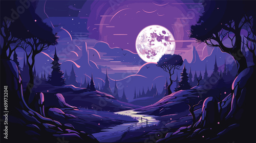 beauty of a moonlit fantasy landscape in a vector scene featuring dreamlike elements under the moon's glow.