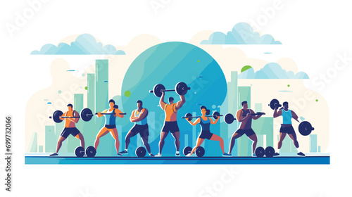 gym environment in a vector scene featuring people working out together, spotting each other during weightlifting, or participating in group fitness classes. 