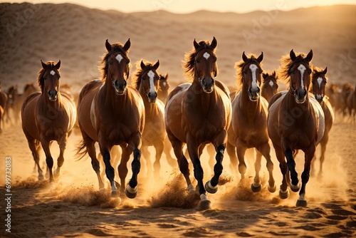 Group of horses running gallop in the desert ocean background. ai generative © Anna