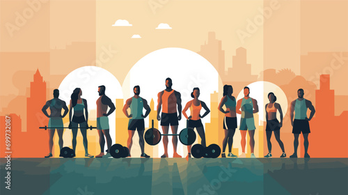 gym environment in a vector scene featuring people working out together, spotting each other during weightlifting, or participating in group fitness classes.  photo