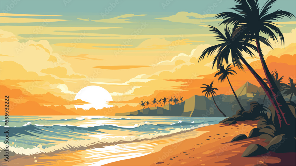 sun's warm embrace on a serene beach in a vector scene featuring a sunlit shore. sunlight on sand and waves
