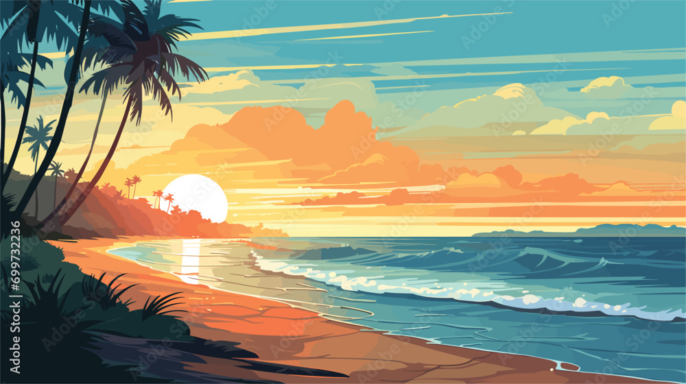 sun's warm embrace on a serene beach in a vector scene featuring a sunlit shore. sunlight on sand and waves - obrazy, fototapety, plakaty 