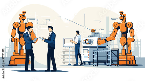 role of men as supervisors and managers in a factory environment where robots carry out intricate tasks under human guidance. human-machine partnership,