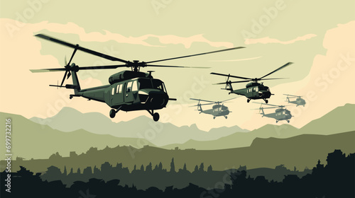 Capture the military prowess of helicopters in a vector scene featuring military helicopters in action, engaged in reconnaissance, troop transport, and support missions. Illustrate the strategic signi