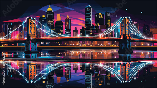 nighttime charm of illuminated bridges in a vector art piece showcasing bridges adorned with vibrant lights.