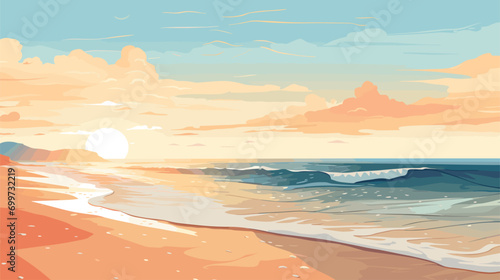 sun's warm embrace on a serene beach in a vector scene featuring a sunlit shore.sunlight on sand and waves