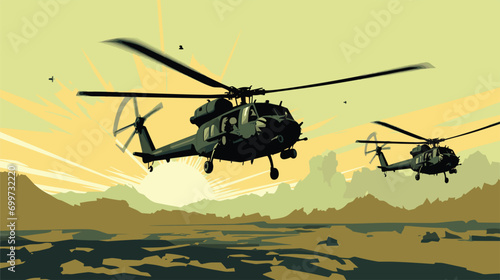 military prowess of helicopters in a vector scene featuring military helicopters in action, engaged in reconnaissance, troop transport, and support missions.