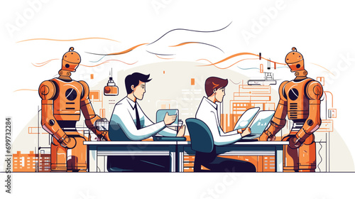 role of men as supervisors and managers in a factory environment where robots carry out intricate tasks under human guidance. human-machine partnership,