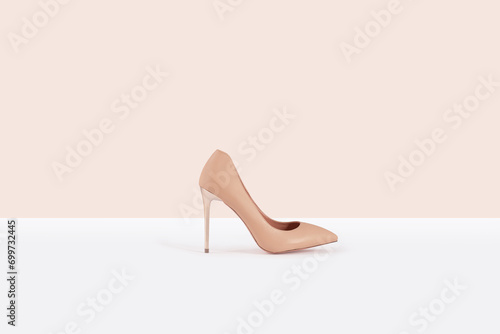 Beige leather female high heel shoes isolated on light beige background
