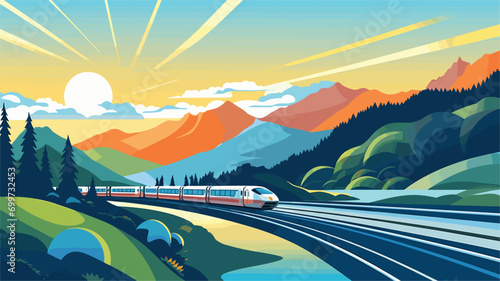 electric trains traversing picturesque landscapes in a vector scene featuring trains gliding through valleys, mountains, and coastal areas.