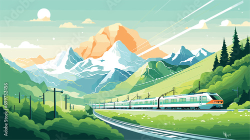 electric trains traversing picturesque landscapes in a vector scene featuring trains gliding through valleys, mountains, and coastal areas.