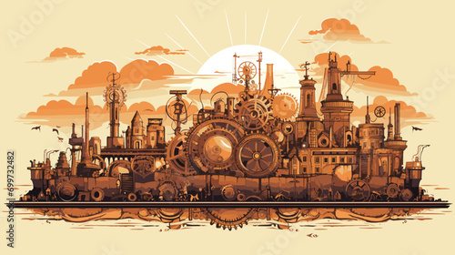 Steampunk Dystopia. elaborate machinery, gears, and steam-powered contraptions against an industrial backdrop.
