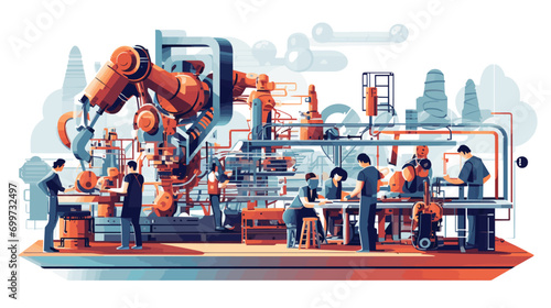 vector art piece showcasing an array of robots and men working together on large-scale manufacturing processes.