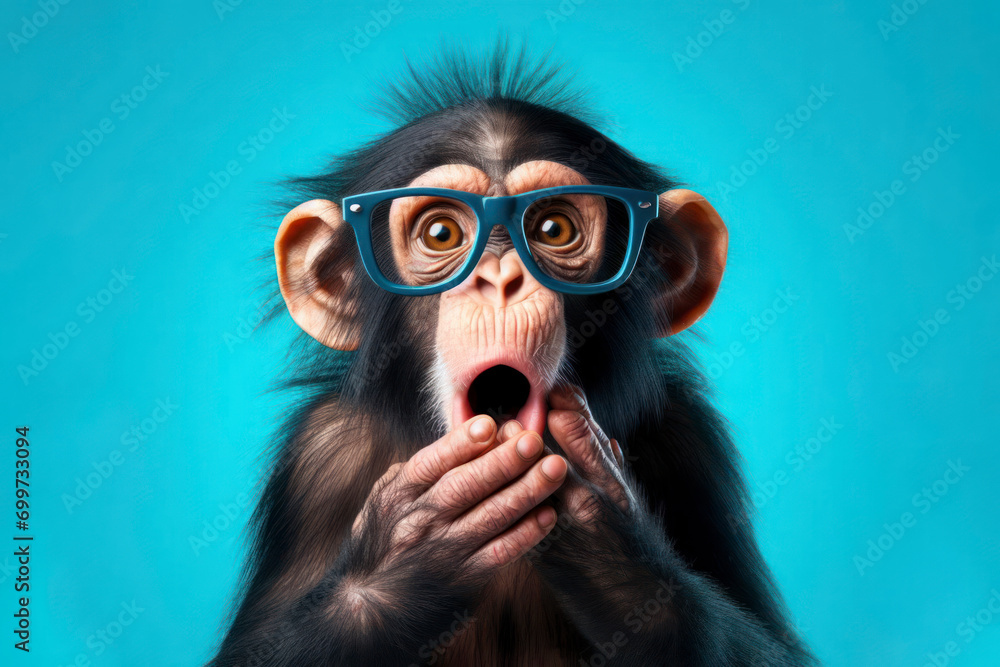 Surprised chimpanzee wear glasses on bright blue background. ai generative - obrazy, fototapety, plakaty 
