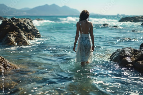 A woman in a light dress walks through shallow water near a rocky shore, Concept: summer mood, seeking solitude among nature, rear view

