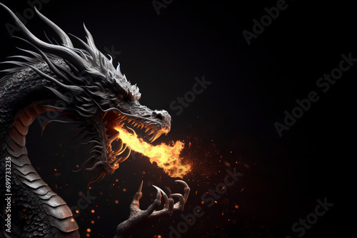 The dragon head opened its mouth about to spit fire on solid dark background. ai generative