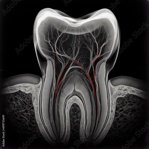 tooth anatomy detailed view, red veins, black background clip art preview