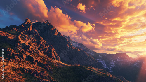 A panoramic scene of a rugged mountain range with a colorful twilight sky,