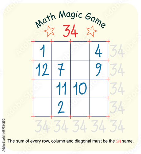 Magic math game. (Magic square)  Recreational mathematics and educational series vector illustration.