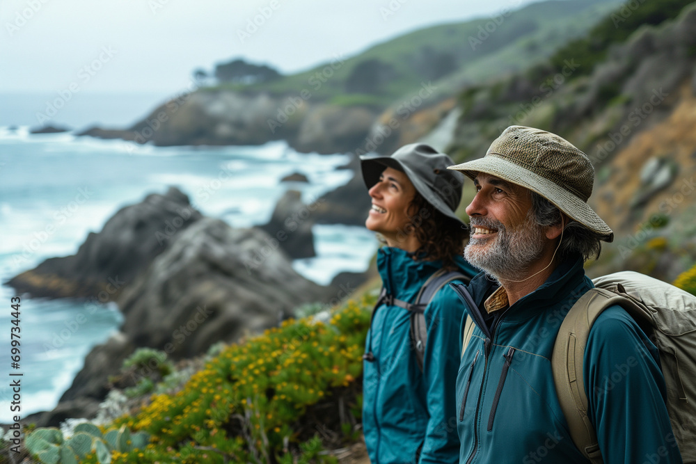 Active Senior Couple Enjoying Scenic Pacific Coast Hike - Embracing Nature and Retirement with Joy and Wonder
