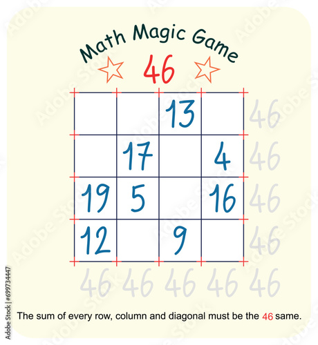 Magic math game. (Magic square)  Recreational mathematics and educational series vector illustration.