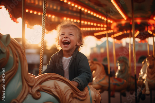 A little boy is having fun on a horse-drawn carousel at an amusement fair © Alina