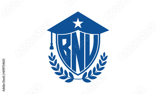 BNU three letter iconic academic logo design vector template. monogram, abstract, school, college, university, graduation cap symbol logo, shield, model, institute, educational, coaching canter, tech