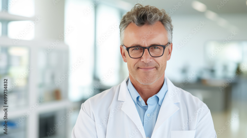 Fototapeta premium Portrait of a smiling doctor wearing glasses and a lab coat