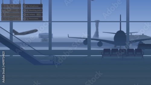 The frame shows an empty airport in the general background, a waiting room without people outside the windows of which planes that take off on the runway and transportation.