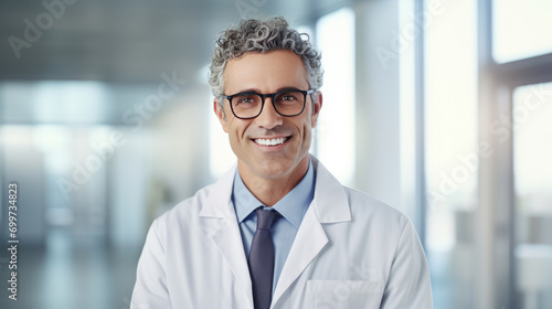 Portrait of a smiling doctor wearing glasses and a lab coat photo
