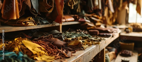 Assorted materials for handmade leather production stored in cupboard.
