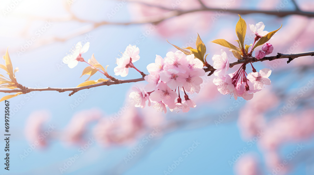 Obraz premium Delicate butterfly flying among soft pink cherry blossoms against a clear blue sky