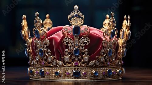 The resplendent King's Crown, an emblem of royalty and authority. Opulent, adorned, encrusted with gems, monarchy symbol, ceremonial headwear, majestic elegance. Generated by AI.