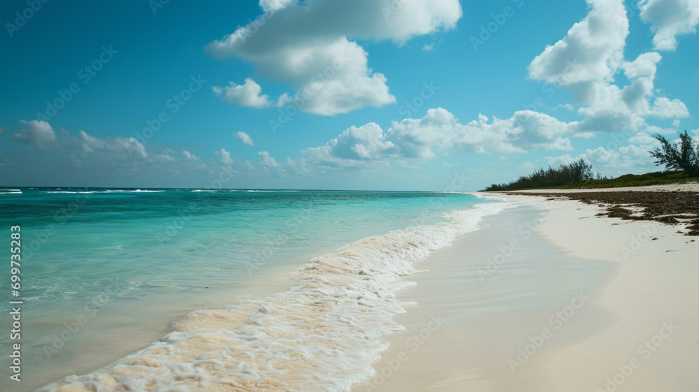 A wide-angle shot of a tranquil beach with turquoise waters and white sand,