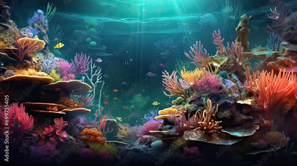 Colorful and surreal underwater panorama alive with vivid marine colors ...