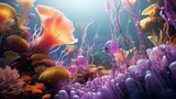 Colorful and surreal underwater environment alive with vibrant marine colors. Fantasy oceanic realm, mesmerizing underwater world, dreamlike sea life. Generated by AI.