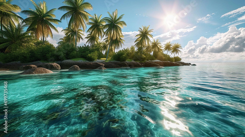 A wide-angle view of a sun-drenched tropical island with palm trees and clear waters,
