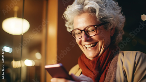 A senior woman looking at the smartphone and laughing closeup. © Svetlana
