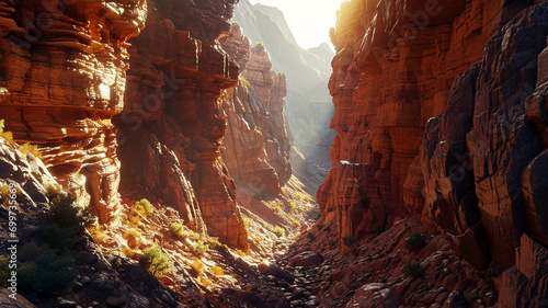 A wide view of a sunlit canyon with layered rock formations,