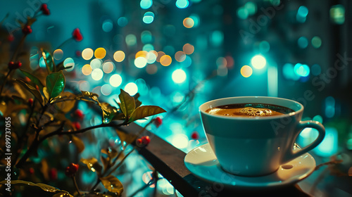 A cup of coffee with a city night background, in the style of nightcore photo