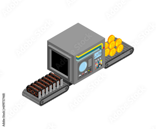 Automatic production of bitcoins. Videocrata and cryptocurrency Production complex of technological equipment. Engineering vehicle isometric. Equipment for mining production